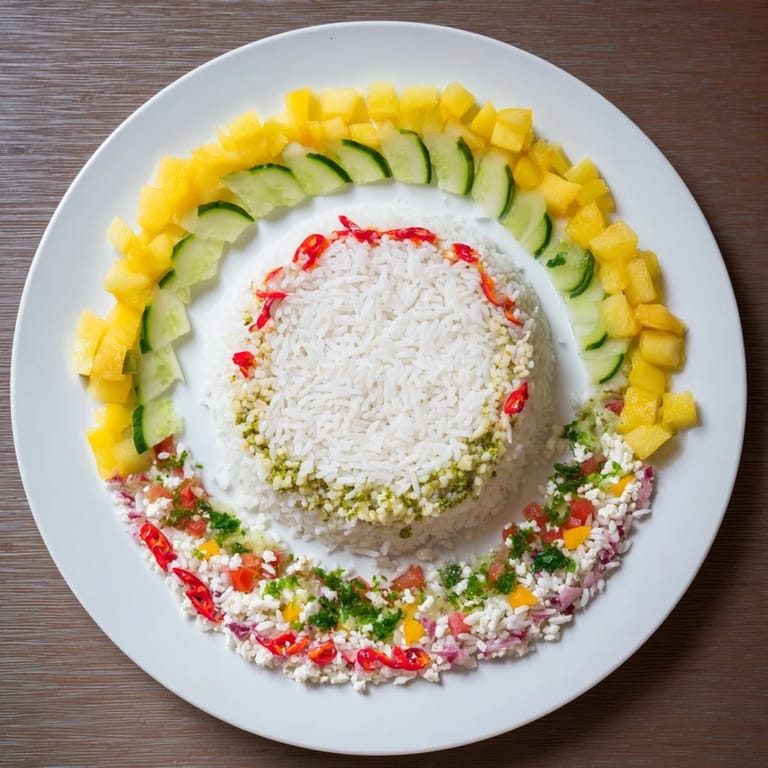 This Concentric Rings of Flavor recipe showcases artful food presentation with colorful fruits, veggies, and herbs.