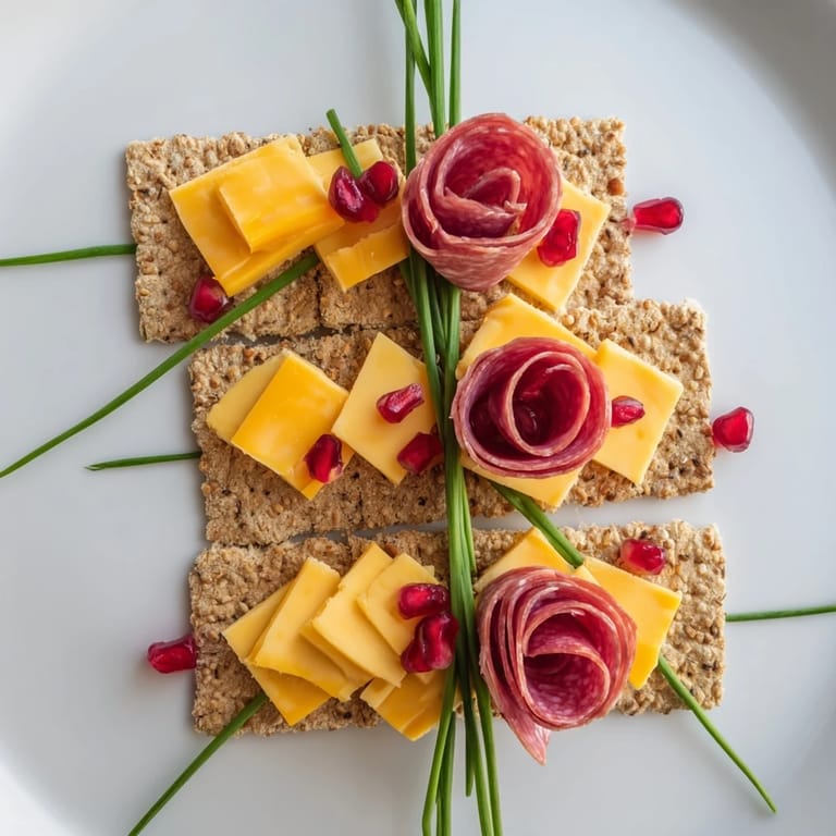Visually impressive Layered Urban Skyline appetizer, perfectly arranged with cheese, meat, and chive accents.