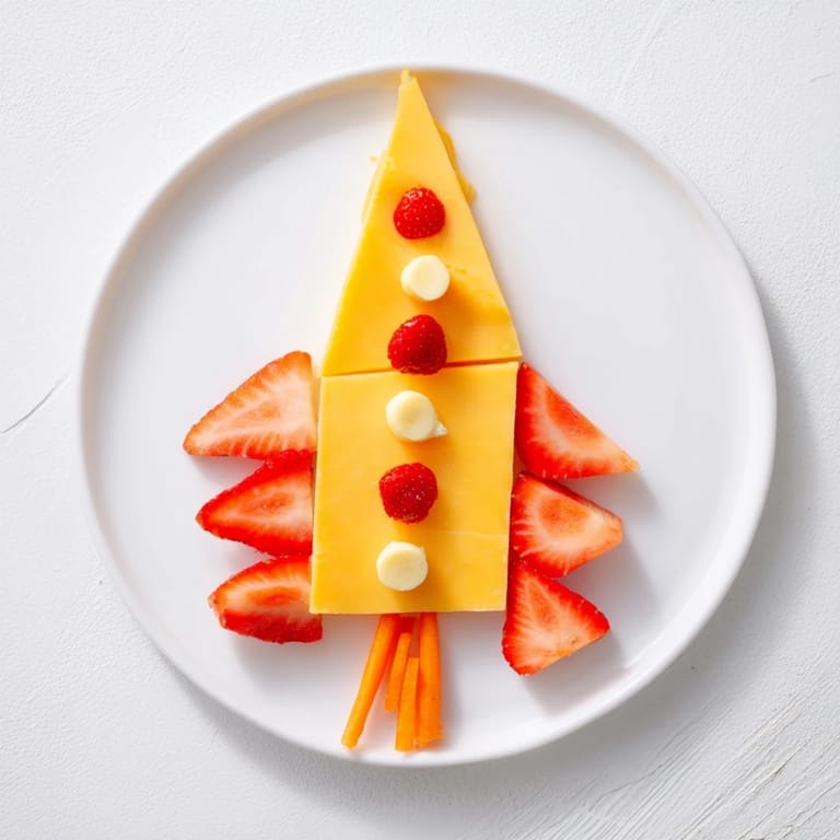 A visually stunning Retro Rocket snack: pointed cheese wedges form a rocket, strawberry flames at the base.