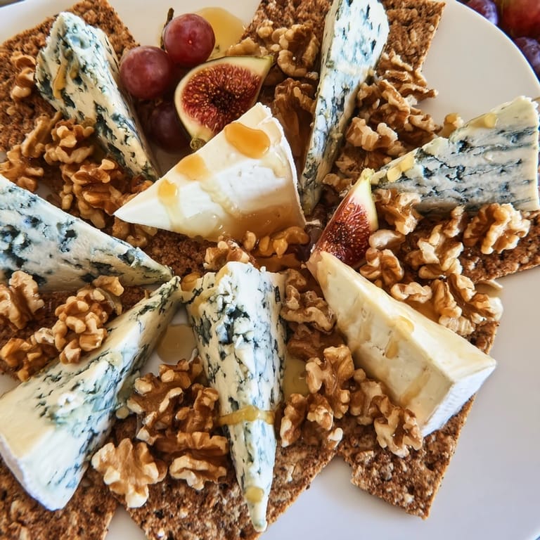 Artfully arranged The Blue Ridge Mountains appetizer: blue cheeses shaped like peaks, served with grapes.