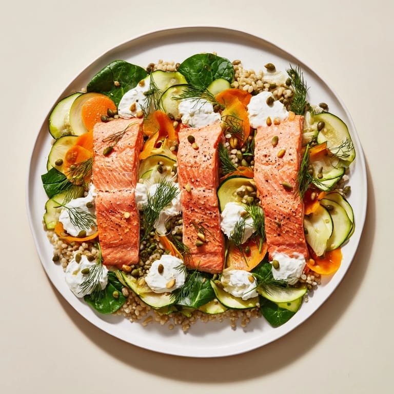 A gorgeous overhead shot of the Infinity Loop Flow, showcasing fish, couscous, and vegetable artful arrangement.