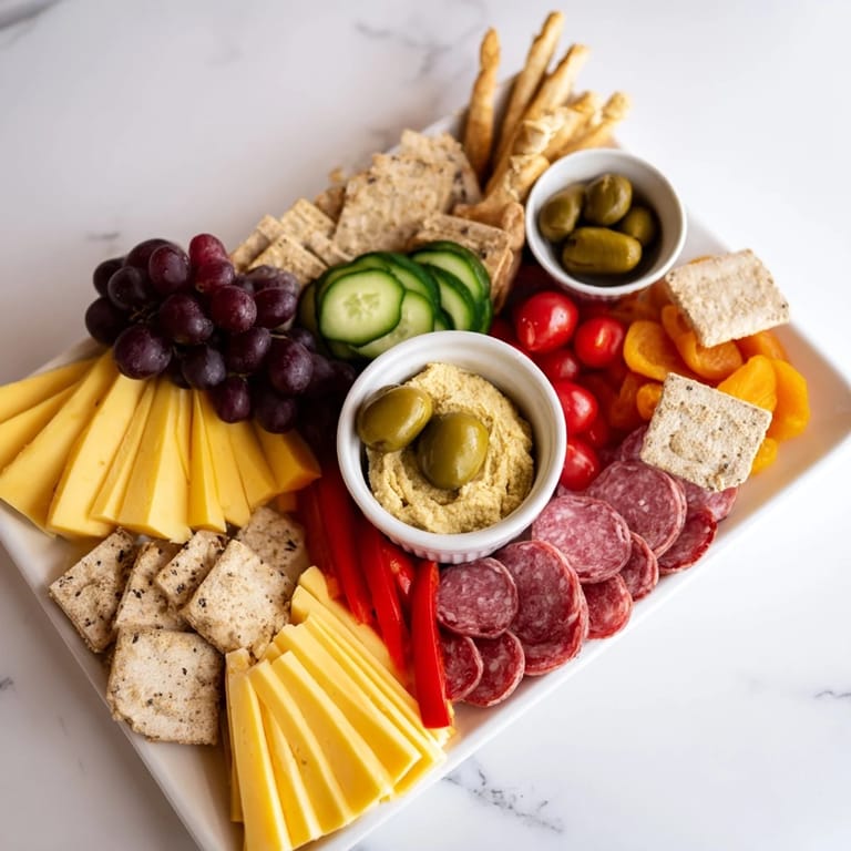 Beautifully arranged arrowhead directional board showcases colorful cheese, olives, and a zesty hummus bowl.