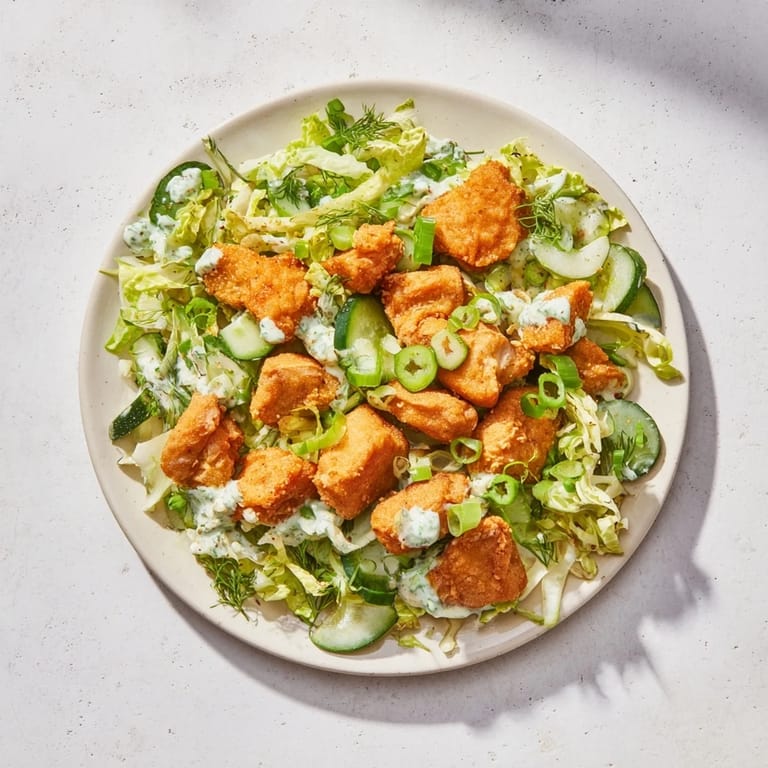 Fresh Green Goddess Nugget Salad: a close-up shows tender chicken nuggets with creamy green dressing.