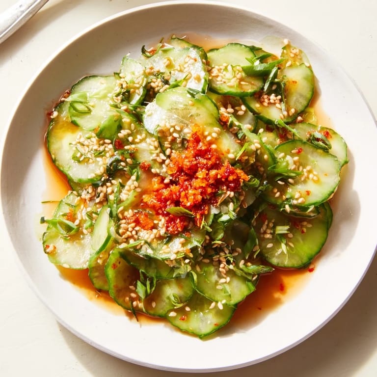 A vibrant close-up of Cucumber Shaker Salad: crunchy cucumbers nestled in a flavorful dressing, topped with chili crisp.