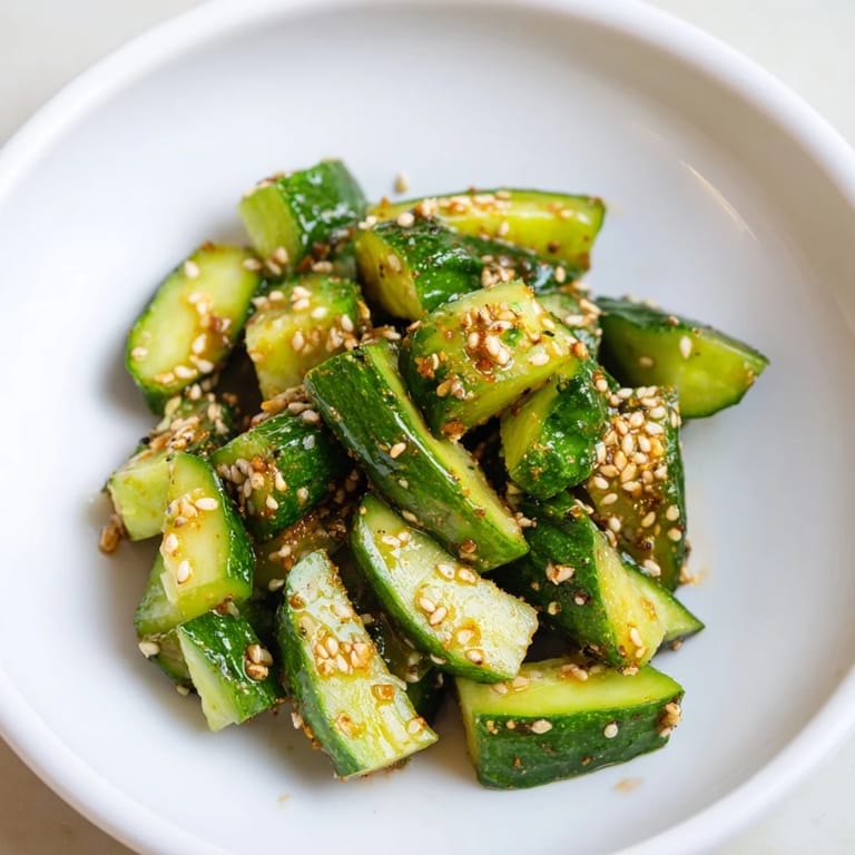 A chilled Cucumber Shaker salad, exploding with umami flavor, topped with sesame seeds.