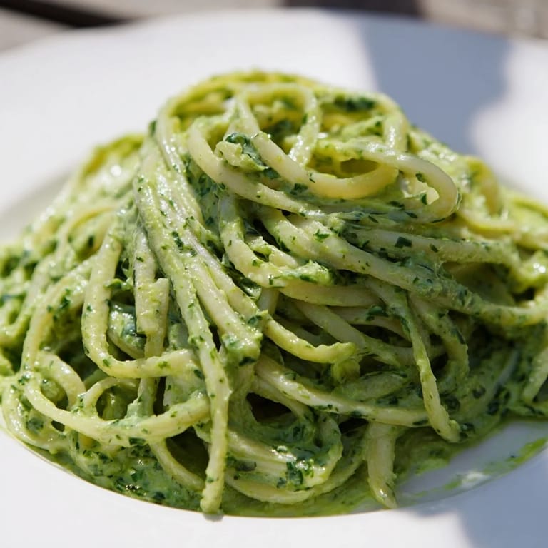 Vibrant photo of freshly made Green Goddess Pasta Sauce, spooned over pasta with a sprinkle of Parmesan.