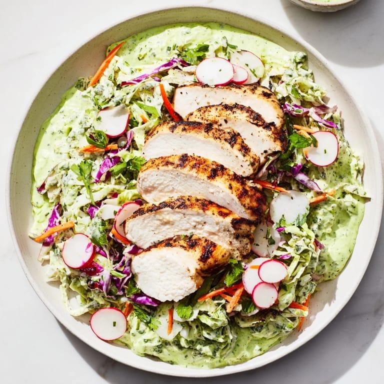 A close-up view of Green Goddess Cabbage Slaw with chicken: creamy dressing, fresh and flavorful!