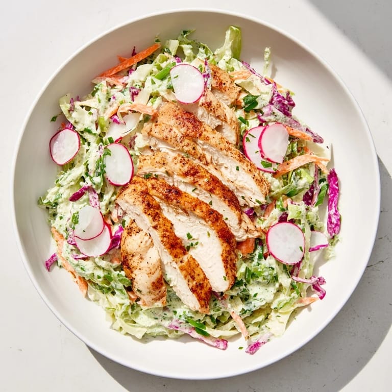 This photo highlights a fresh, bright Green Goddess Cabbage Slaw beautifully topped with grilled chicken slices.