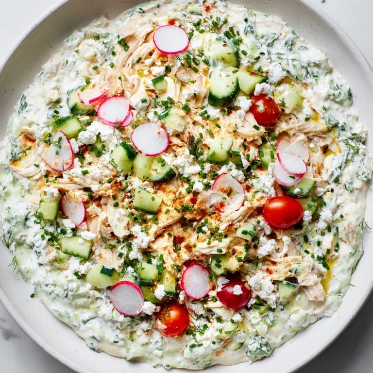 A close-up of the flavorful Green Goddess Chicken Nacho Dip, vividly showing chopped herbs and colorful veggies.