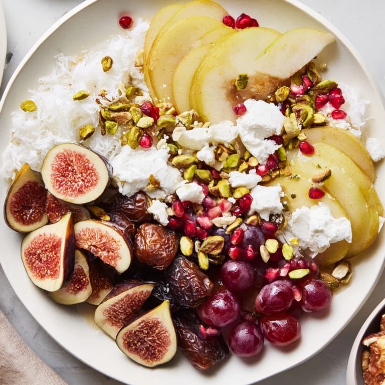 Vibrant Winter Fruit: Fig and date platter, dotted with goat cheese and pomegranate seeds, ready to serve.