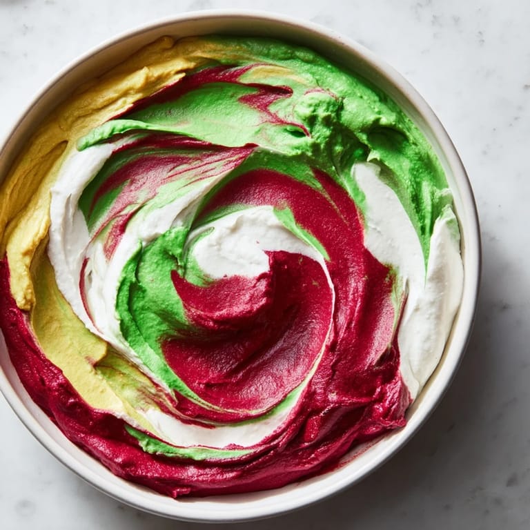 A beautifully swirled marble dip, featuring colorful hummus and crackers perfectly paired.
