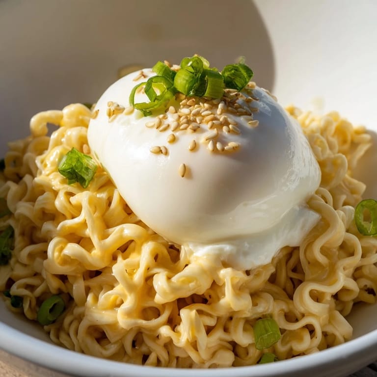 A user's-eye view of a delicious Instant Cheese Ramen Bowl, garnished with green onions and sesame seeds.