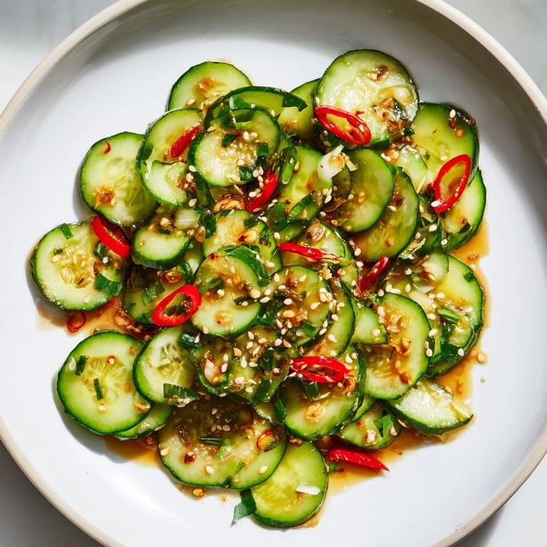 This refreshing Tangy Shaken Asian-Style Cucumber Salad features thinly sliced cucumbers with a zesty, umami dressing.