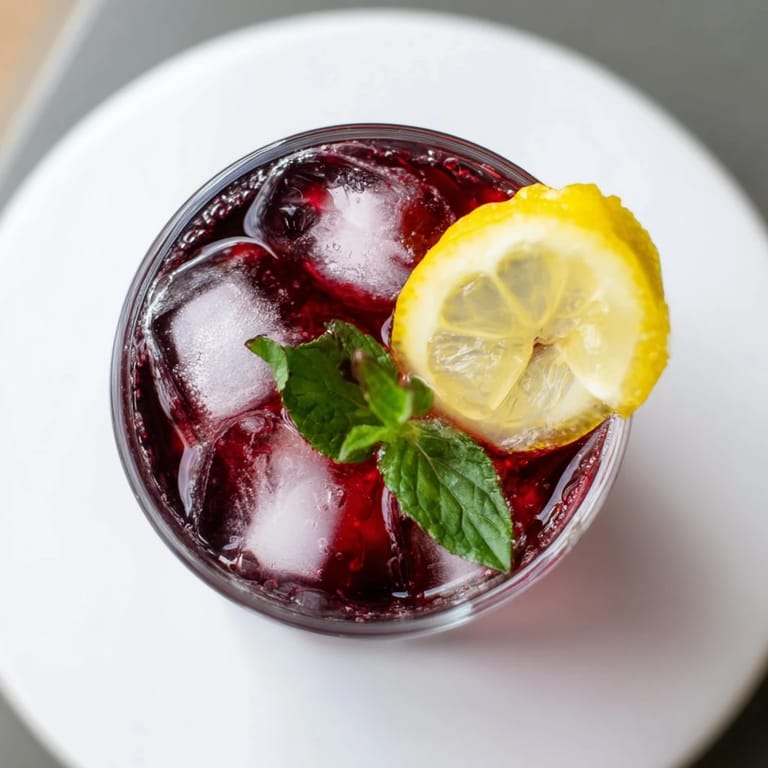 Refreshing, vibrant Sleepy Girl Cherry Mocktail: a beautiful, deep red drink with ice cubes.