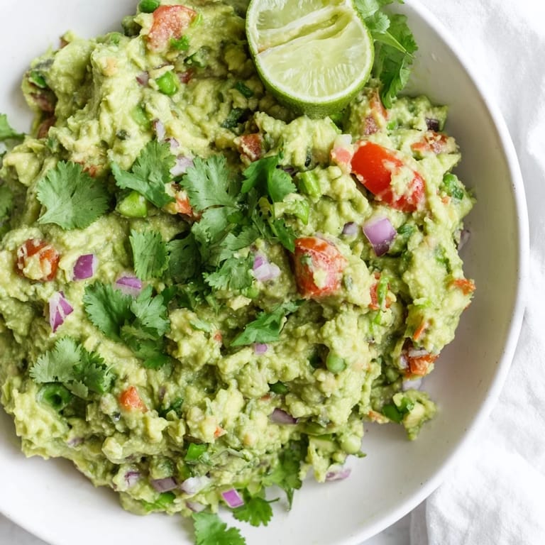 Enjoy this flavorful, homemade Edamame Guacamole, with a scoop revealing its delicious ingredients.