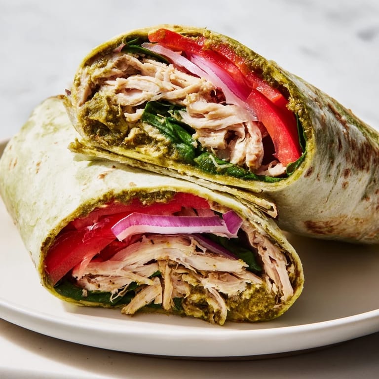Fresh and easy Pesto Chicken Wrap, perfect for a quick lunch, wrapped and sliced.