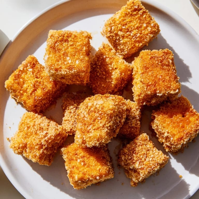 Close-up of golden-brown crispy tofu nuggets, the perfect plant-based snack or meal.
