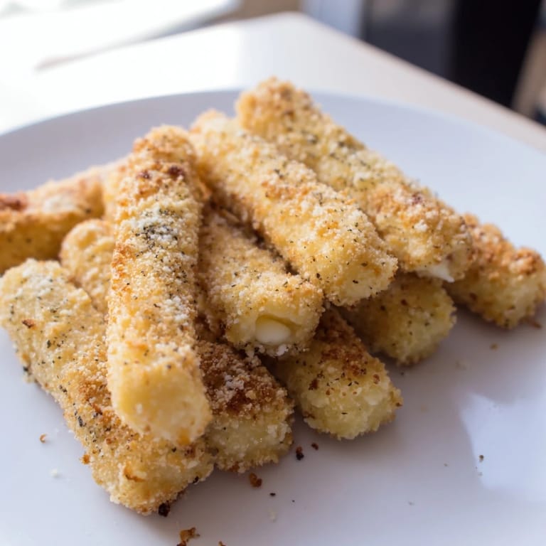 Melting cheese inside crispy air fryer mozzarella sticks served as a delicious appetizer.