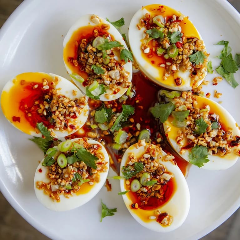 A tempting close-up of Chili Oil Eggs, showcasing rich, orange yolks and flavorful chili topping.