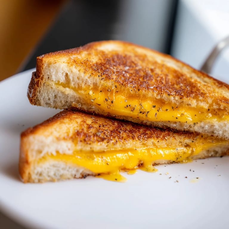 A close-up of a perfectly cooked truffle oil grilled cheese, oozing melted cheese for this easy meal.