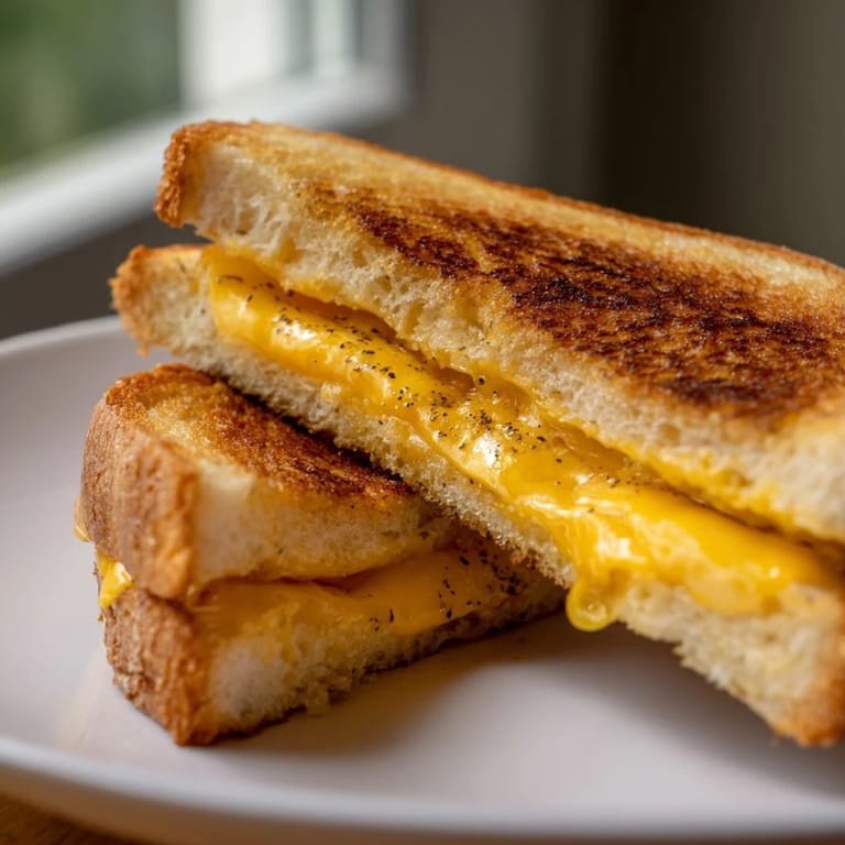 The aroma of truffle oil fills the air as this gourmet grilled cheese sandwich is served.