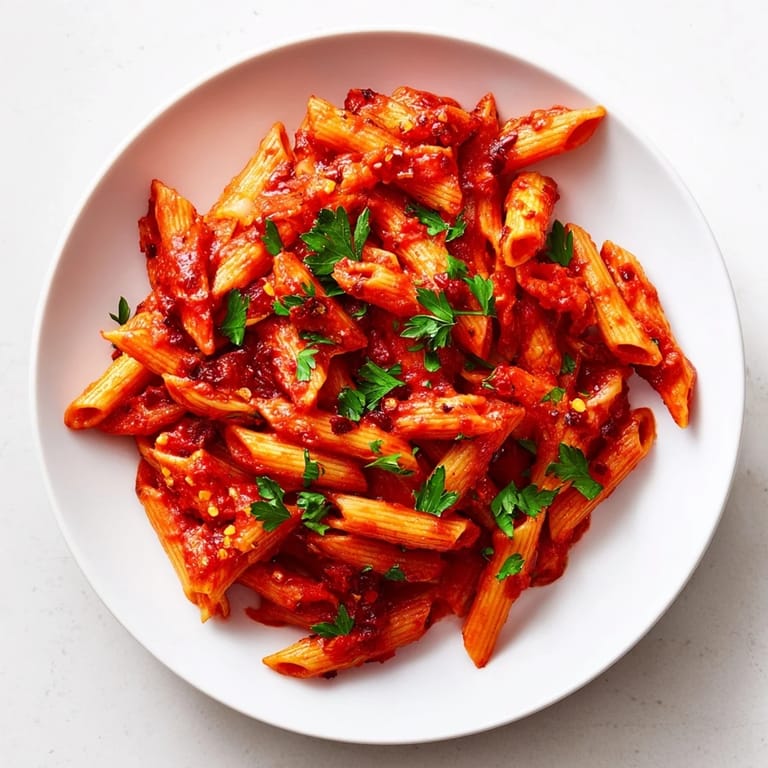 Close up of Penne all'Arrabbiata, showcasing the glossy, spicy tomato sauce and perfectly cooked penne.