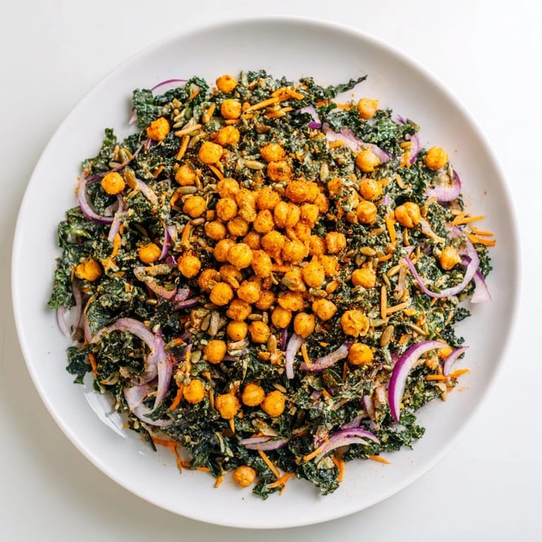 A colorful bowl filled with fresh kale salad with roasted chickpeas, perfect for a vegan lunch.