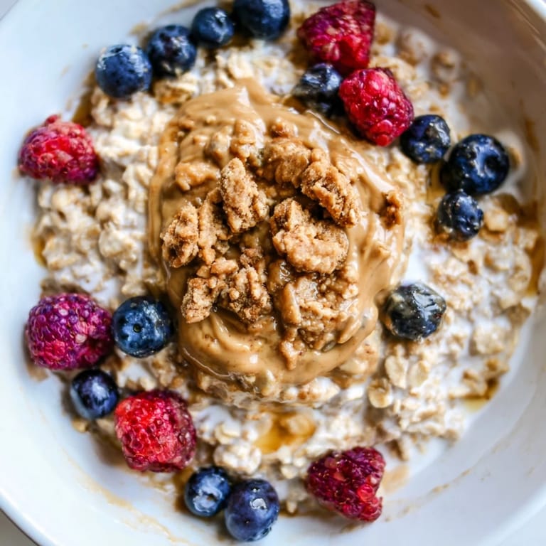 A close-up of overnight oats gourmet makeover, showcasing fresh berries and crunchy granola cookie toppings.