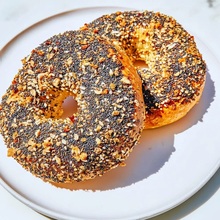 A close-up of delicious Everything Bagel Yogurt Bagels, ready to be sliced, perfect for breakfast.