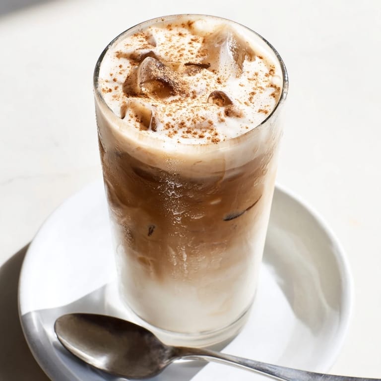 A Proffee Power Blend, a chilled coffee beverage, sits garnished with cocoa for an energizing start.