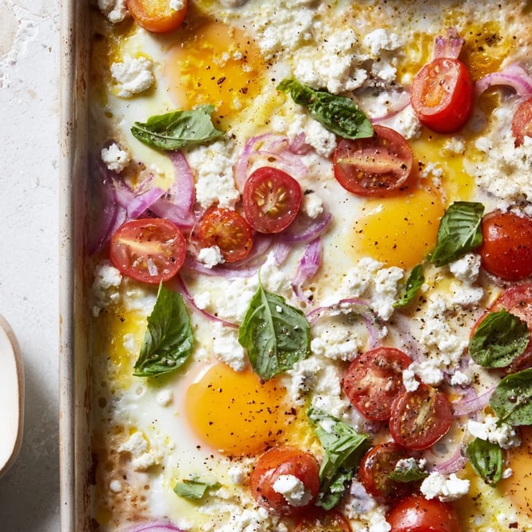 Enjoy a Mediterranean breakfast: sizzling Tomato Feta Baked Eggs, ready on a single sheet pan.