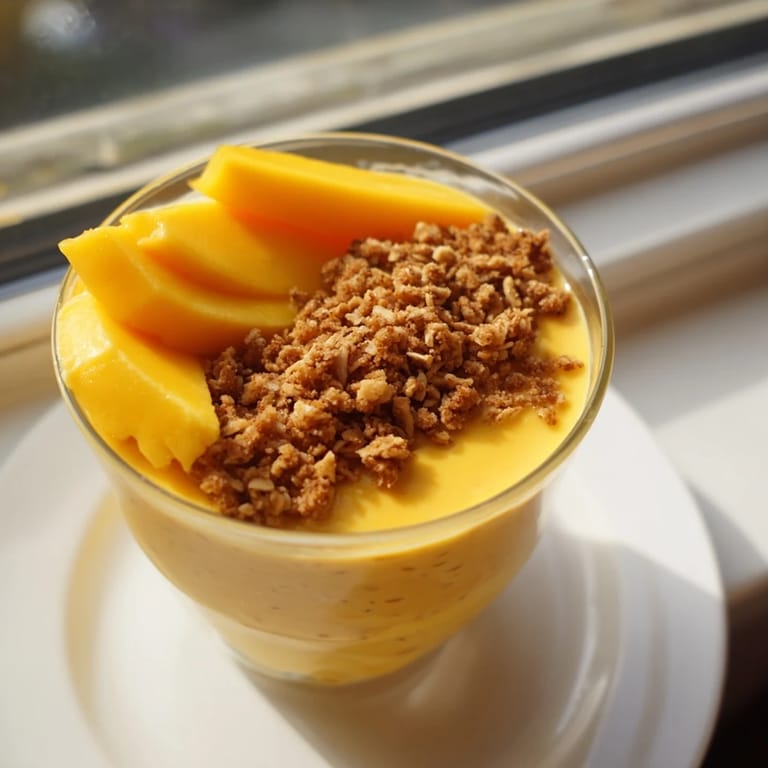 Refreshing close-up shot of blended, chilled mango overnight oats, showcasing the tropical ingredients and flavors.