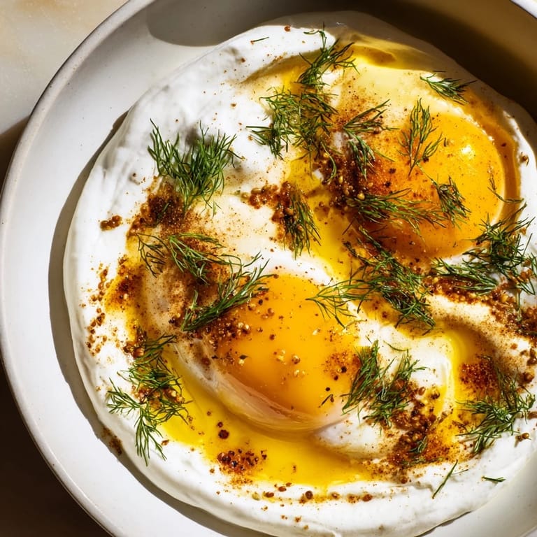 Golden-brown butter drizzled on Cilbir, a heavenly Turkish breakfast of eggs and yogurt.