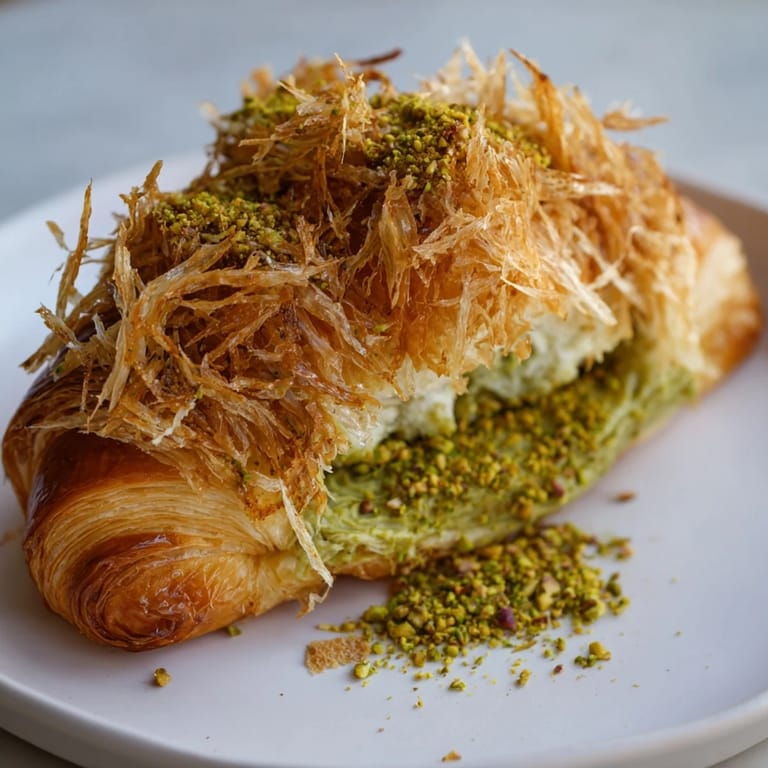 A close-up of a Pistachio Cream Croissant showing the creamy pistachio filling between layers.