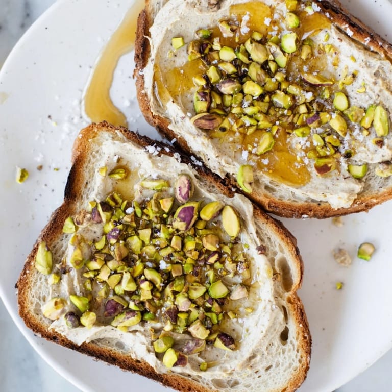 Imagine vibrant green Pistachio Butter Toast, drizzled with honey and sprinkled with sea salt for a delightful treat.