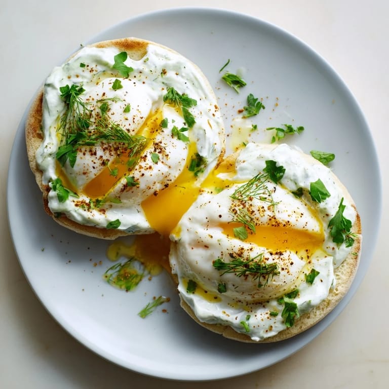 Vibrant photo shows the creamy yogurt base with golden poached eggs in the Çılbır Eggs Benedict recipe.