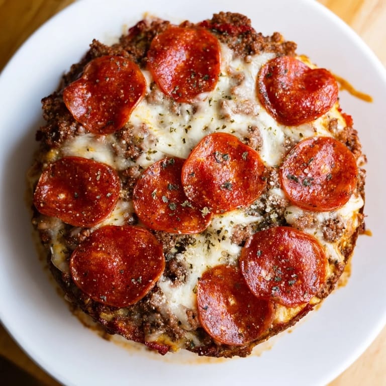 A close-up of a Meat Pizza Pepperoni Stack, showcasing the rich colors and bubbling cheese.