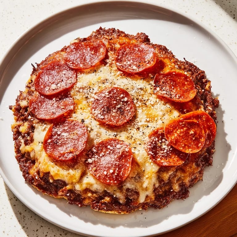 Delicious, crustless Meat Pizza Pepperoni Stack, piled high with pepperoni and oregano, perfect for dinner.