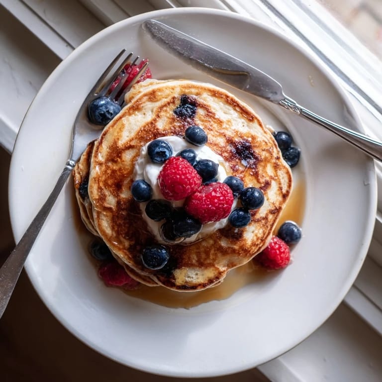 Golden-brown cottage cheese pancakes sizzling in a skillet, ready to be served with Greek yogurt and a pat of butter.