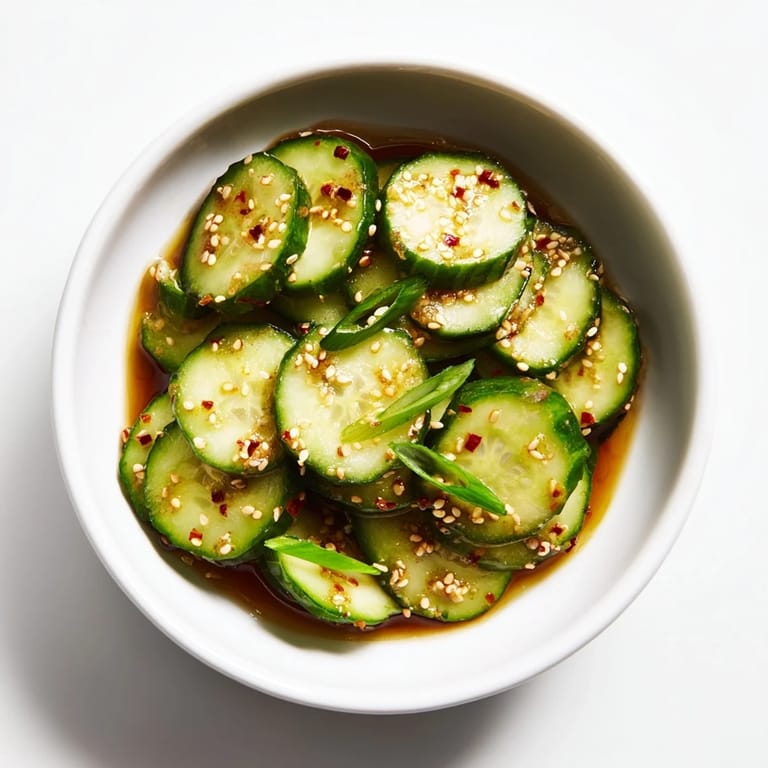 Freshly shaken Shake Shake Garlic Cucumbers served in a white bowl, topped with green onions and sesame seeds for extra crunch.