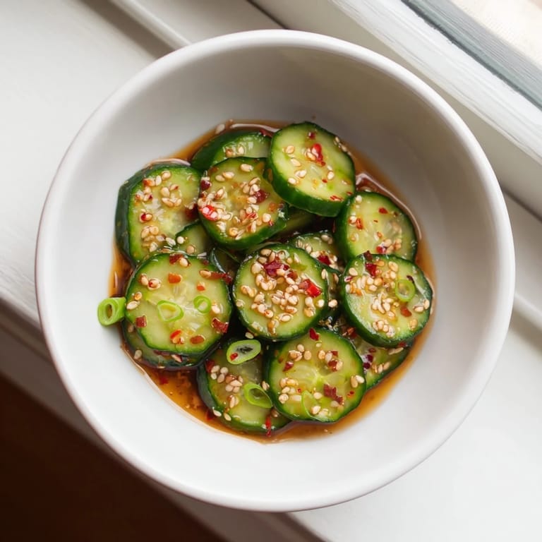 Close-up of vibrant green cucumber rounds coated in a glossy, savory dressing, highlighting the salad’s bold Asian-inspired flavors.