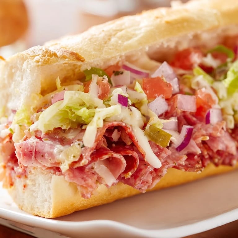 A hearty chopped Italian grinder sandwich in a golden toasted roll, loaded with Italian meats, provolone, and fresh veggies drizzled with tangy dressing.