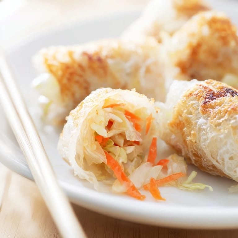 Steaming Crispy Rice Paper Dumplings arranged neatly on a bamboo serving tray, garnished with fresh cilantro and green onions for an Asian-inspired appetizer presentation.