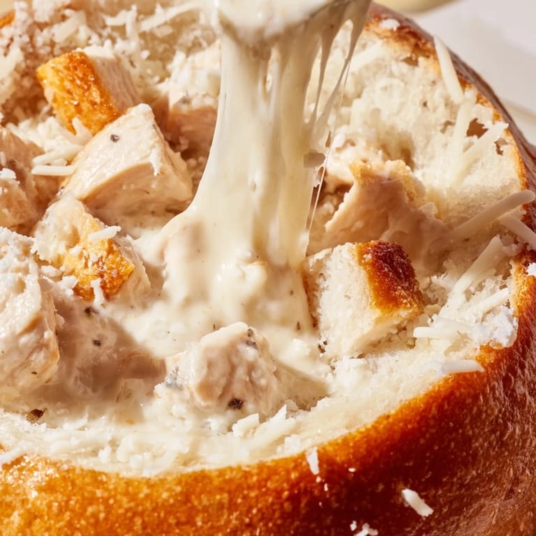 Fresh parsley garnishes the bubbly, cheesy Chicken Alfredo Bread Bowl, offering a perfect combination of creamy texture and crusty bread in every bite.