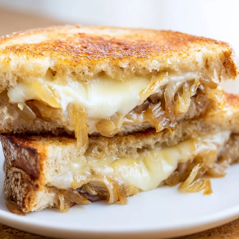 A close-up view of a Caramelized Onion Grilled Cheese, with crispy bread and gooey, melted cheese.