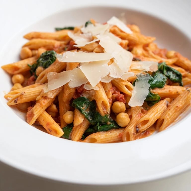 Overhead view of Creamy Tuscan Chickpea Pasta, featuring golden pasta, chickpeas, and wilted spinach in a luscious garlic-tomato sauce.