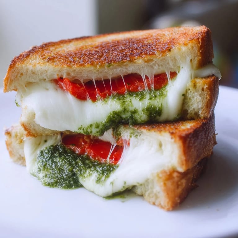 Caprese Pesto Grilled Cheese with juicy tomato slices and basil pesto spread.