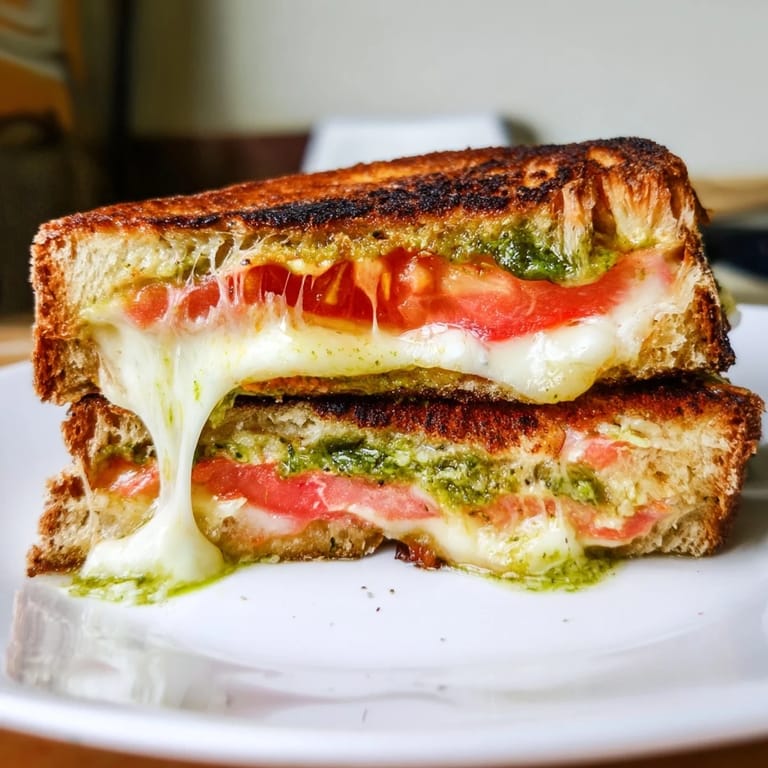 Close-up of a buttery Caprese Pesto Grilled Cheese, layered with fresh mozzarella.