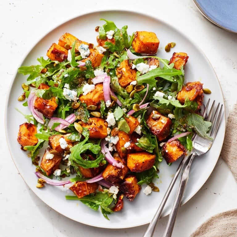 Freshly roasted sweet potato cubes on a bed of arugula, topped with crumbled feta, red onion, and a tangy honey-lime vinaigrette.