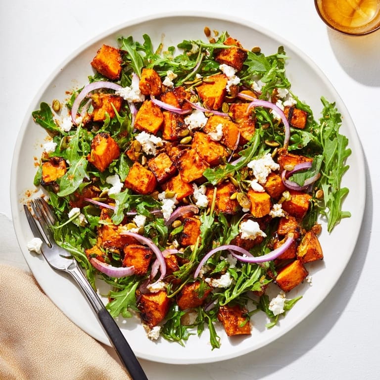 A vibrant, gluten-free Roasted Sweet Potato Salad featuring golden sweet potatoes, arugula, feta, and a bright honey-lime dressing, served as a colorful side.